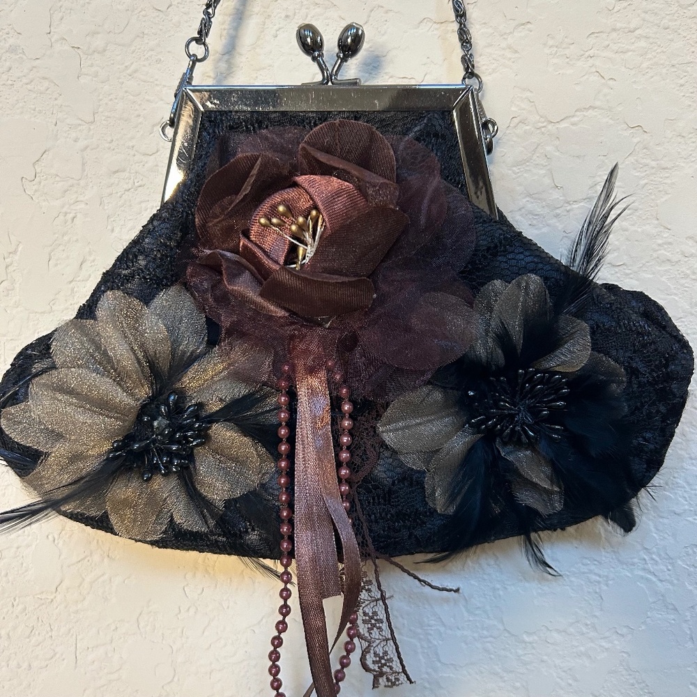 Black Evening Purse With Flowers, Ribbons, Beads and Feathers. Vintage. NWOT